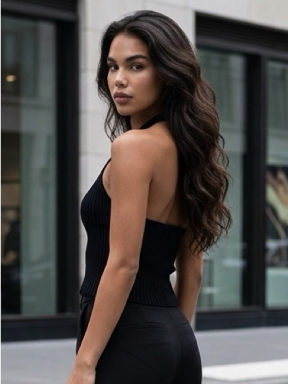 Zara Black Ribbed Halter V-Neck Camisole